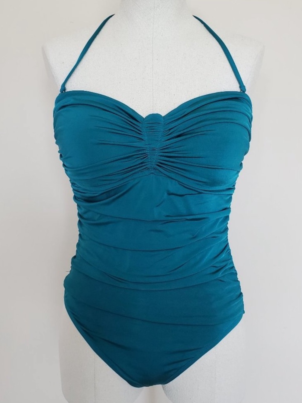 La Blanca β Ruched One Piece Halter Swimsuit in Teal Size 10 - Picture 3 of 13